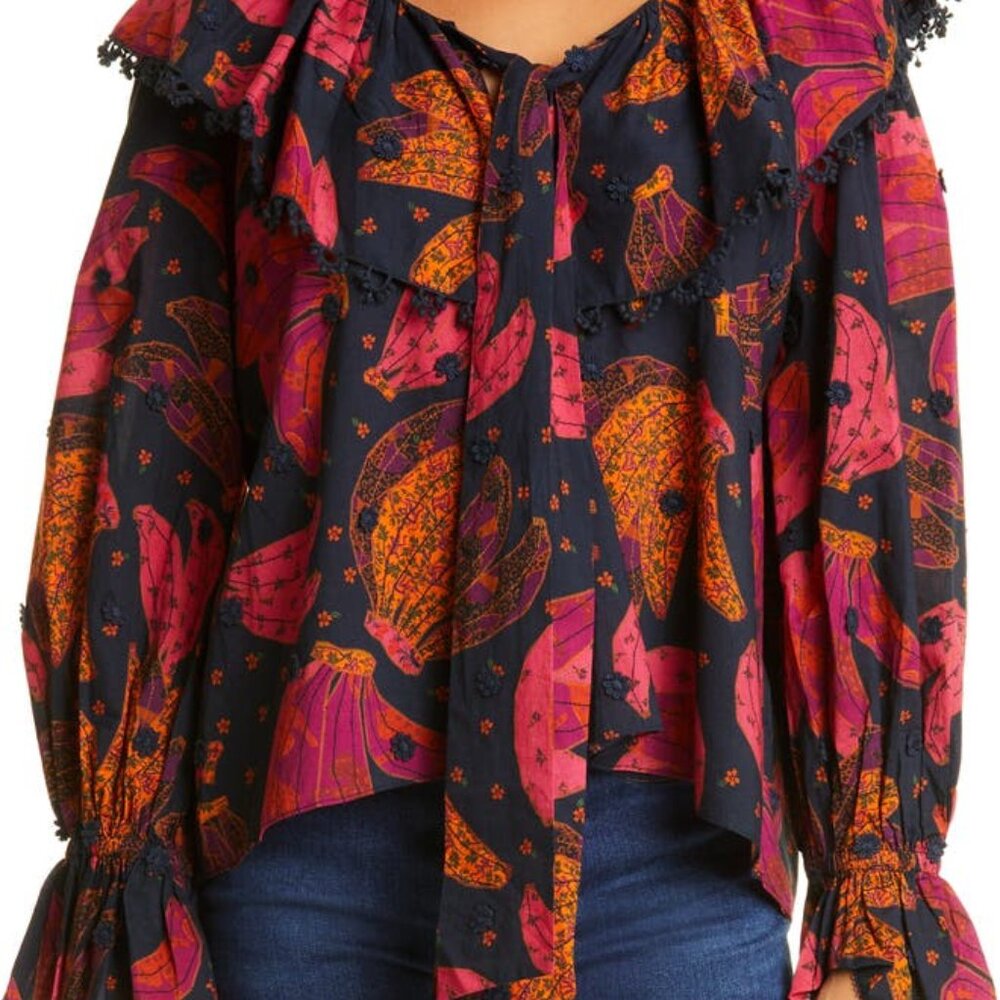 Farm Rio Patchwork Bananas Tie Front Embroidered Boho Navy Blouse Women size XS - Picture 2 of 12